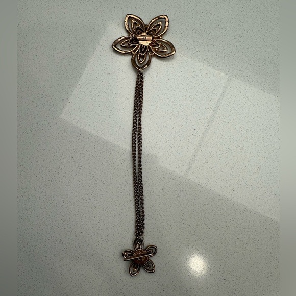 Vintage Flowers Double Brooch Sweater Chain Gold Tone Rhinestones Chatelaine - Picture 9 of 12